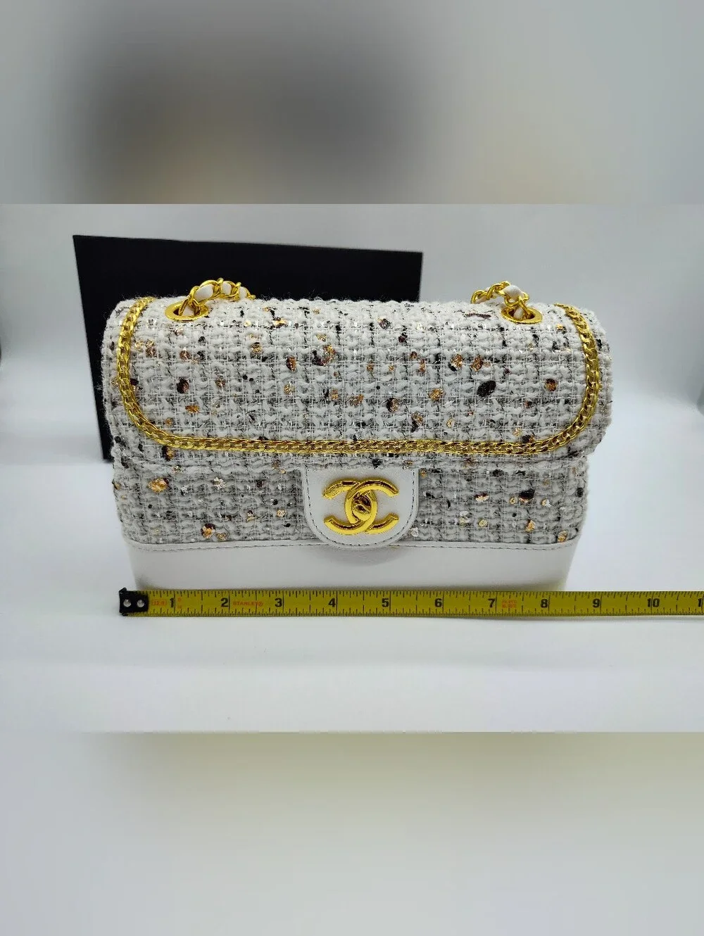 CHANEL Makeup Promotional Gift White Tweed Gold Chain Cosmetic CC Turnlock NIB